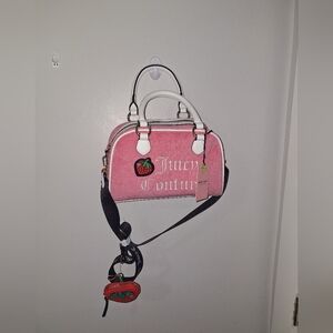 Juicy Couture Pink & White Satchel with Black Logo Strap & Strawberry Coin Purse